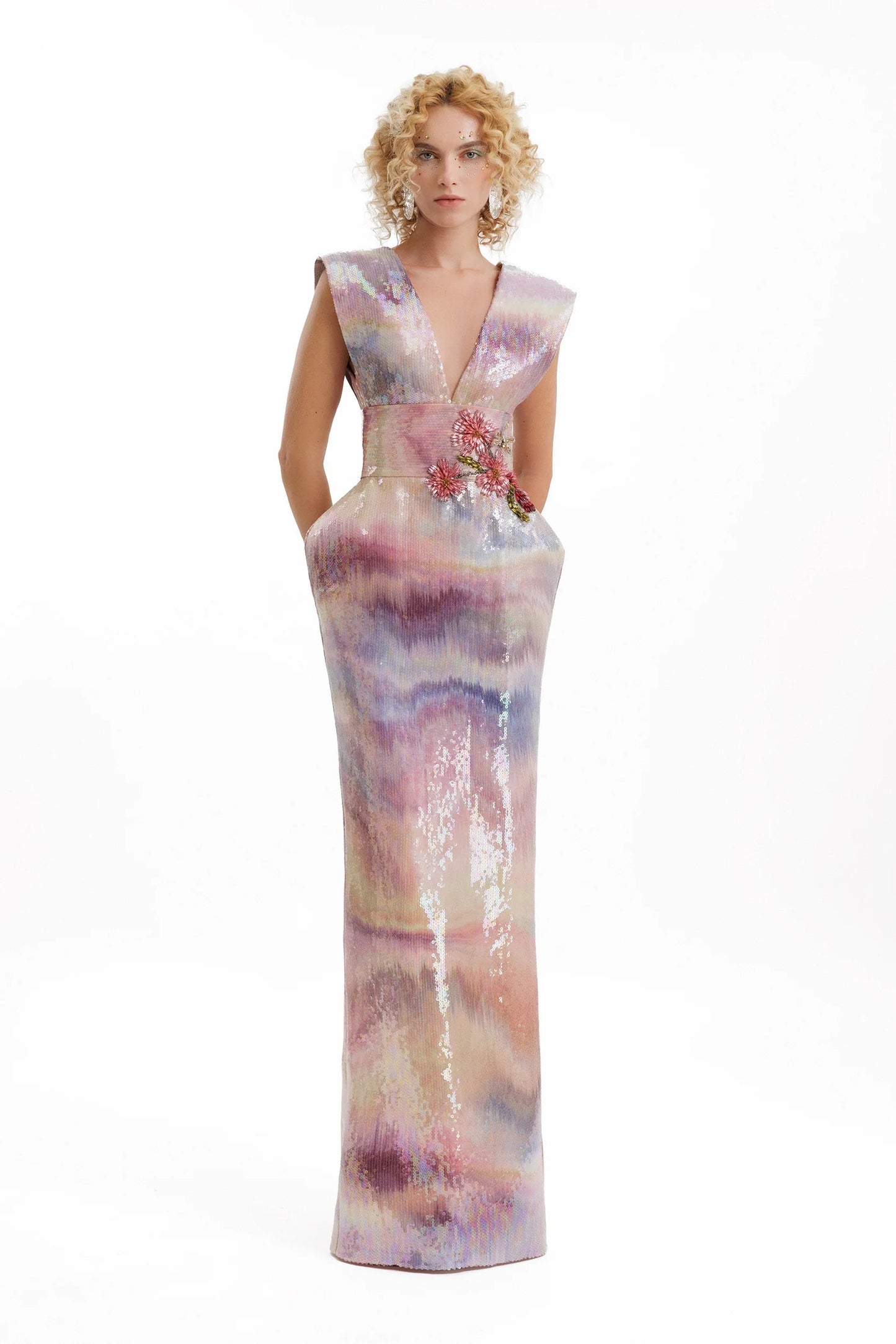 V-Neck Sequin Gown with Beaded Waist
