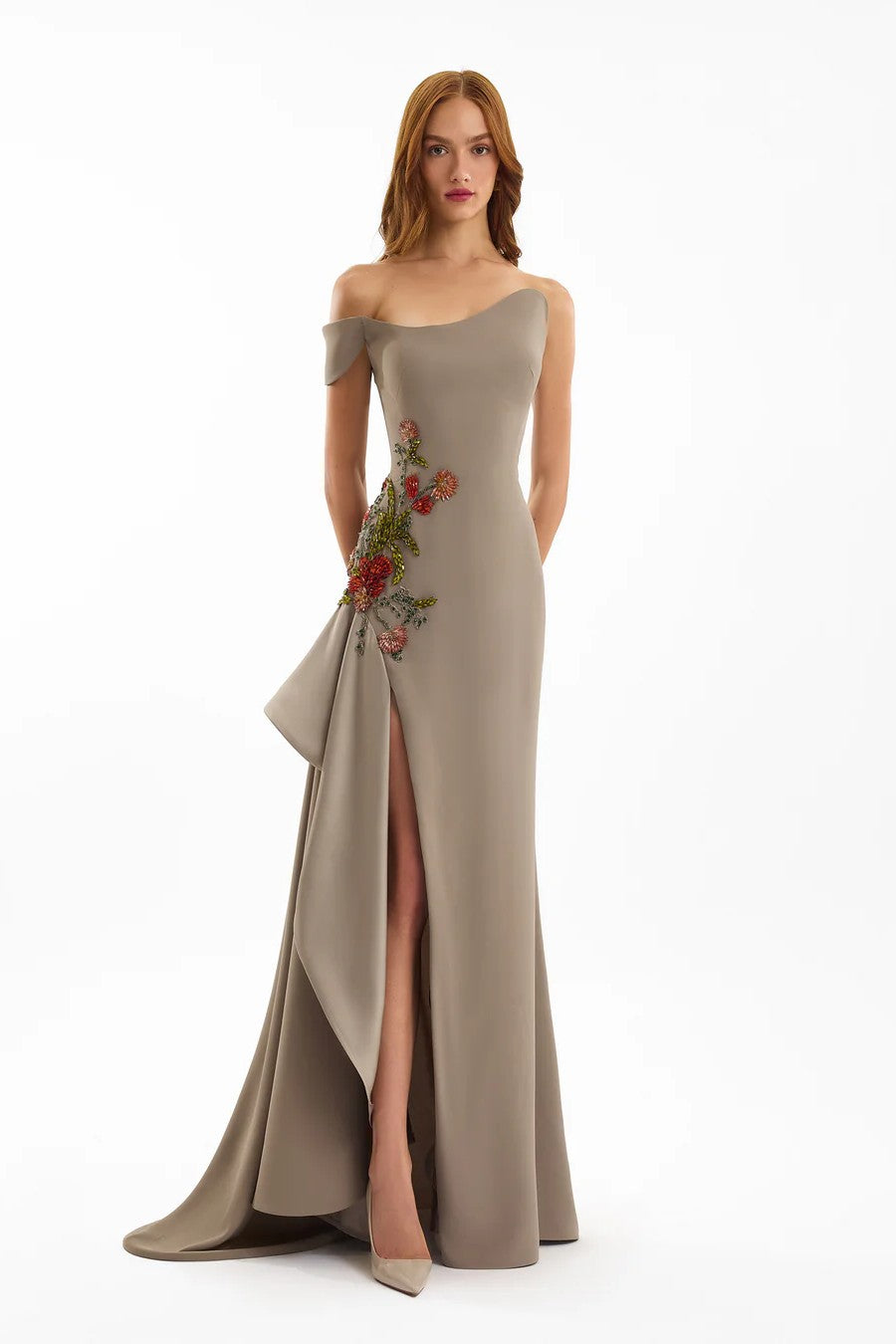 Asymmetrical Off-Shoulder Embroidered Dress