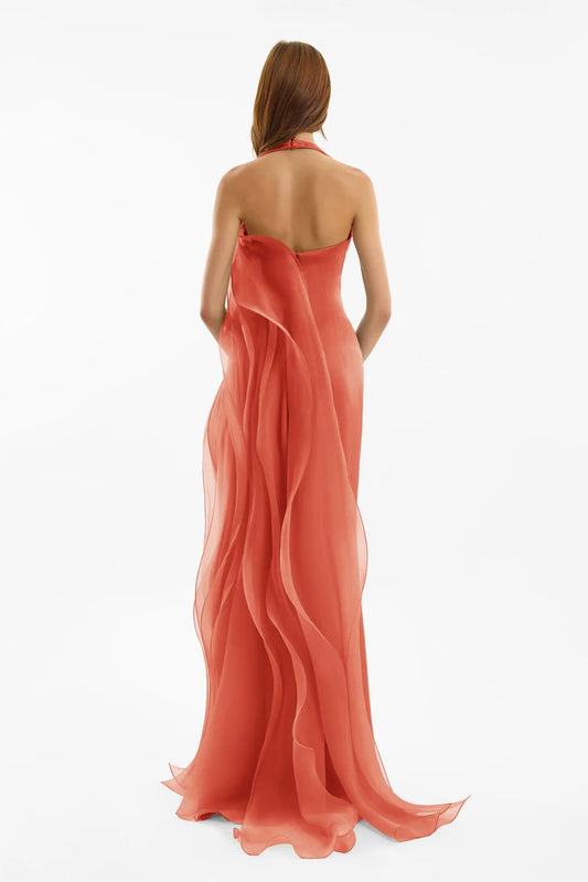 Draped Halter Dress with Organza Panels