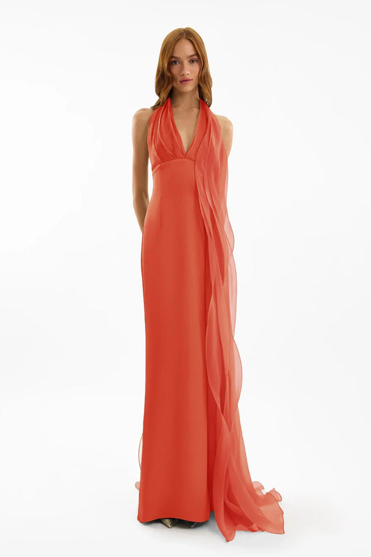 Draped Halter Dress with Organza Panels