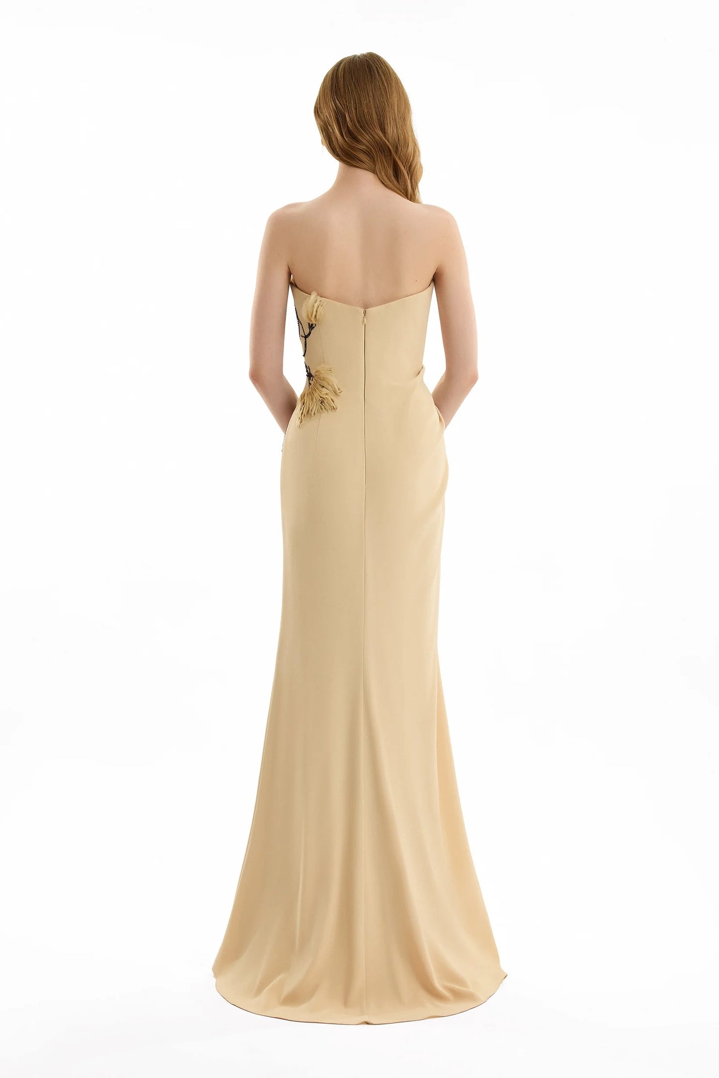 Strapless Draped Dress with Beaded Floral Detail