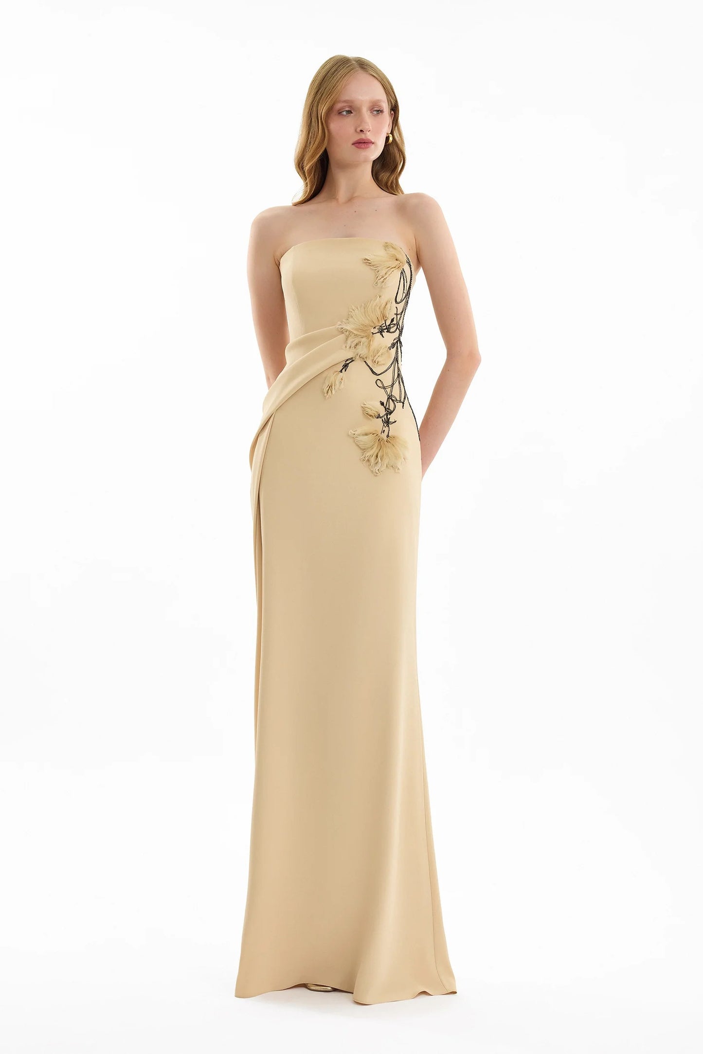 Strapless Draped Dress with Beaded Floral Detail