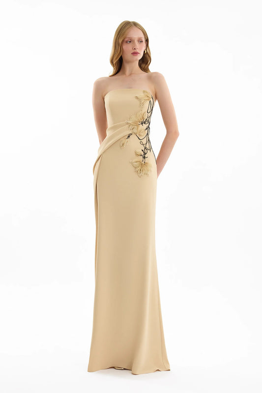 Strapless Draped Dress with Beaded Floral Detail