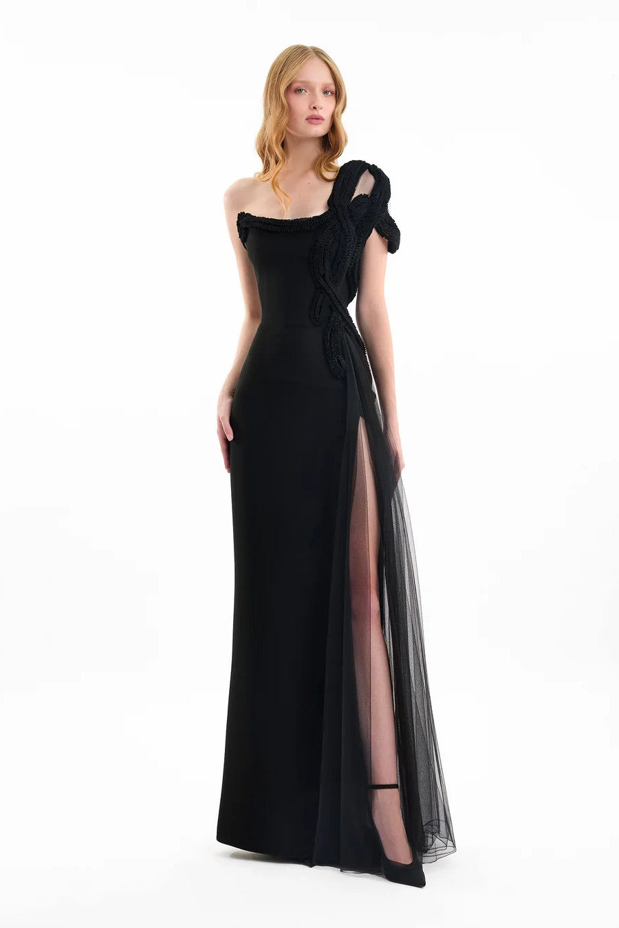 One-Shoulder Dress with Sculptural Embroidery