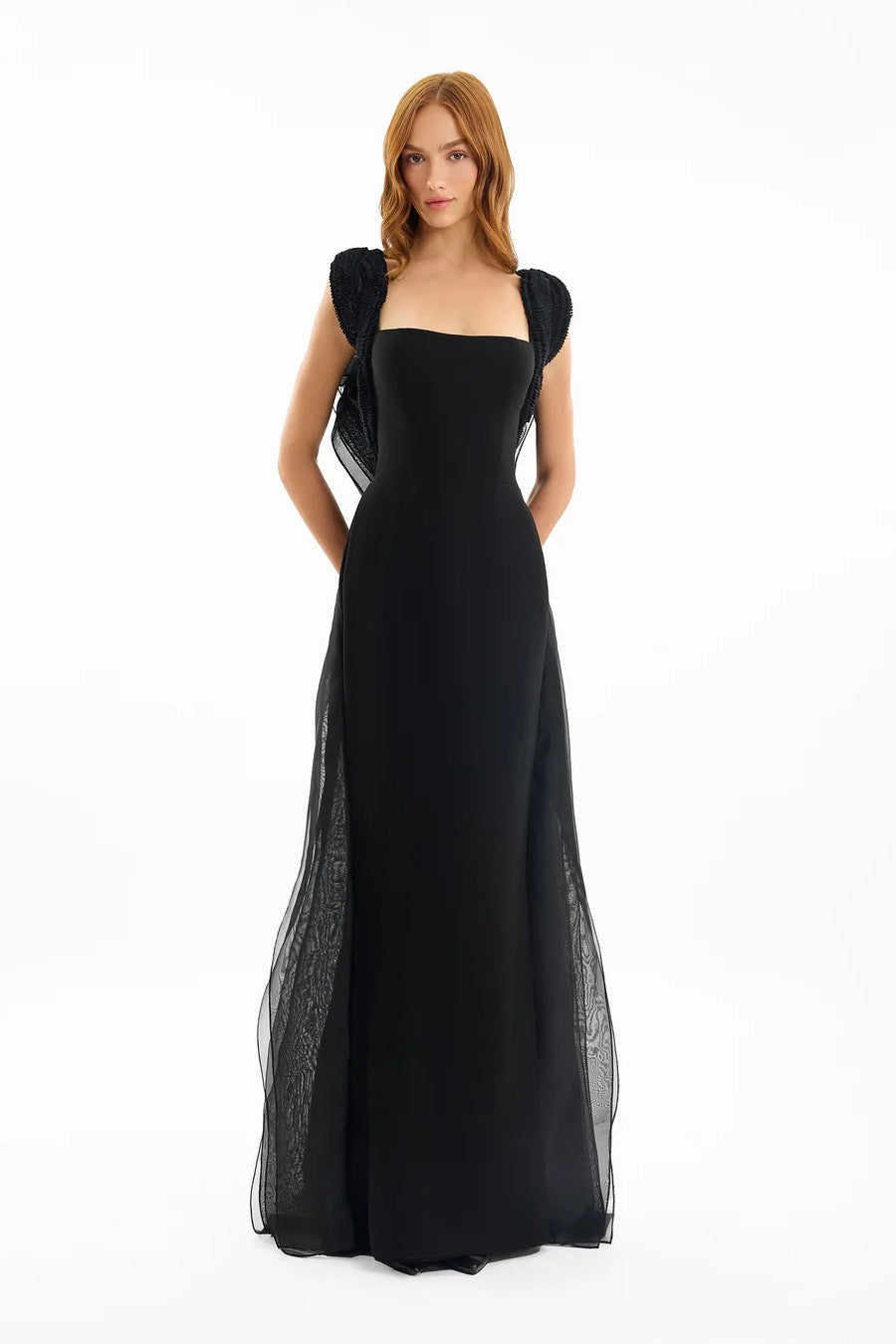 Square-Neck Dress with Embroidered Shoulders