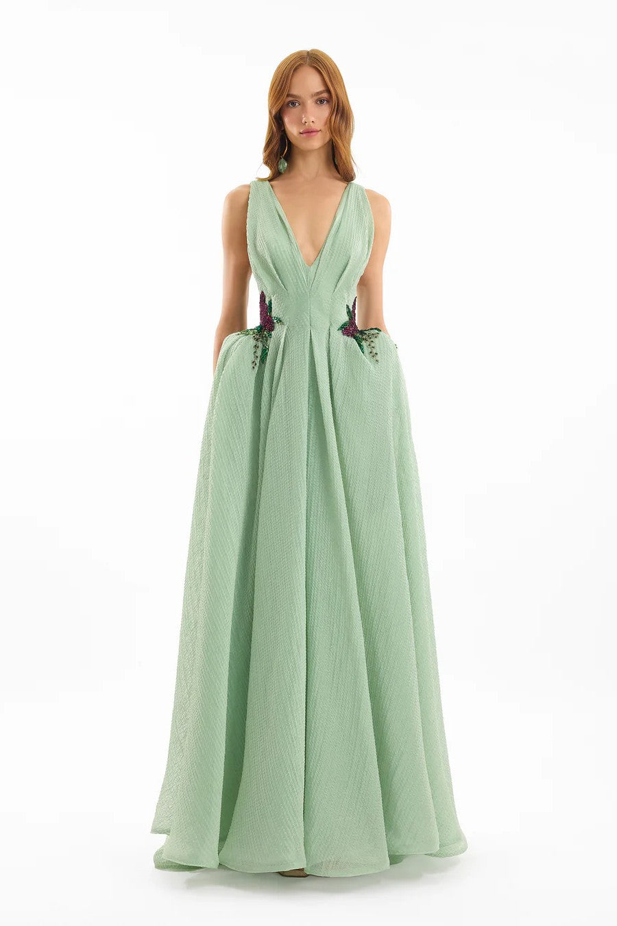 Plunging V-Neck Embroidered Dress