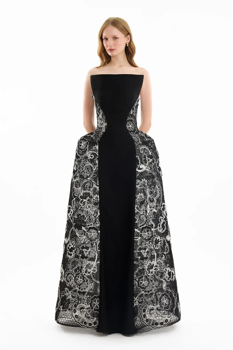 Strapless Embroidered Lace Gown