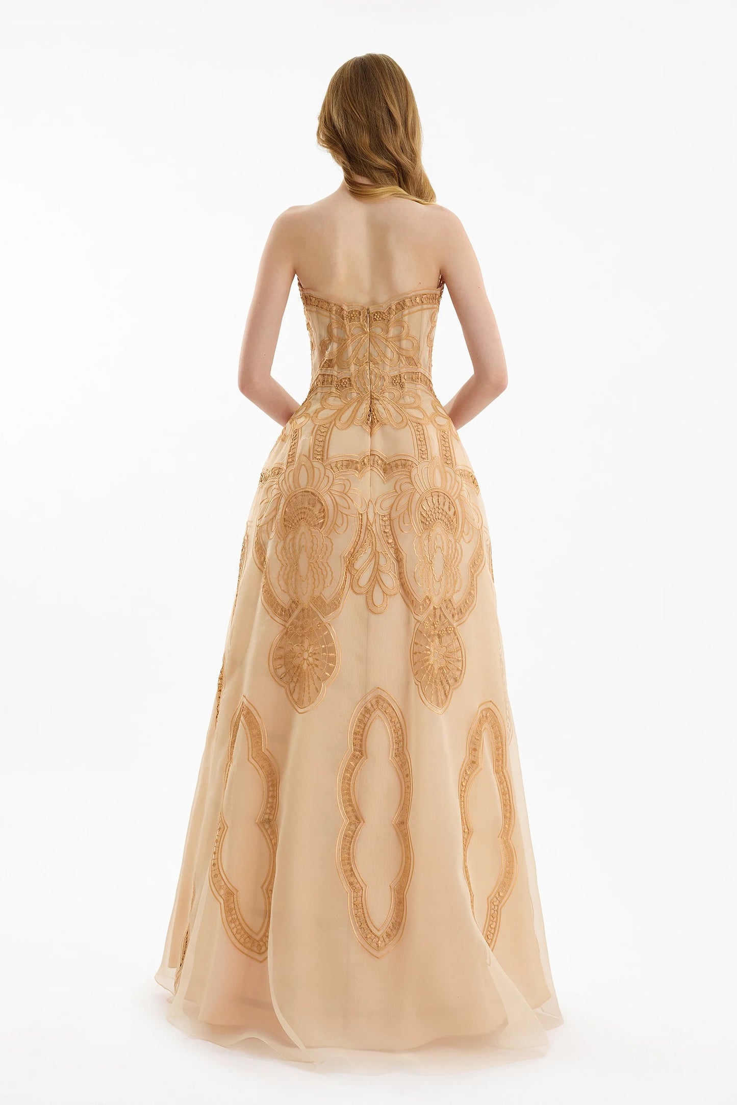 Strapless Embroidered Dress with Cage Skirt