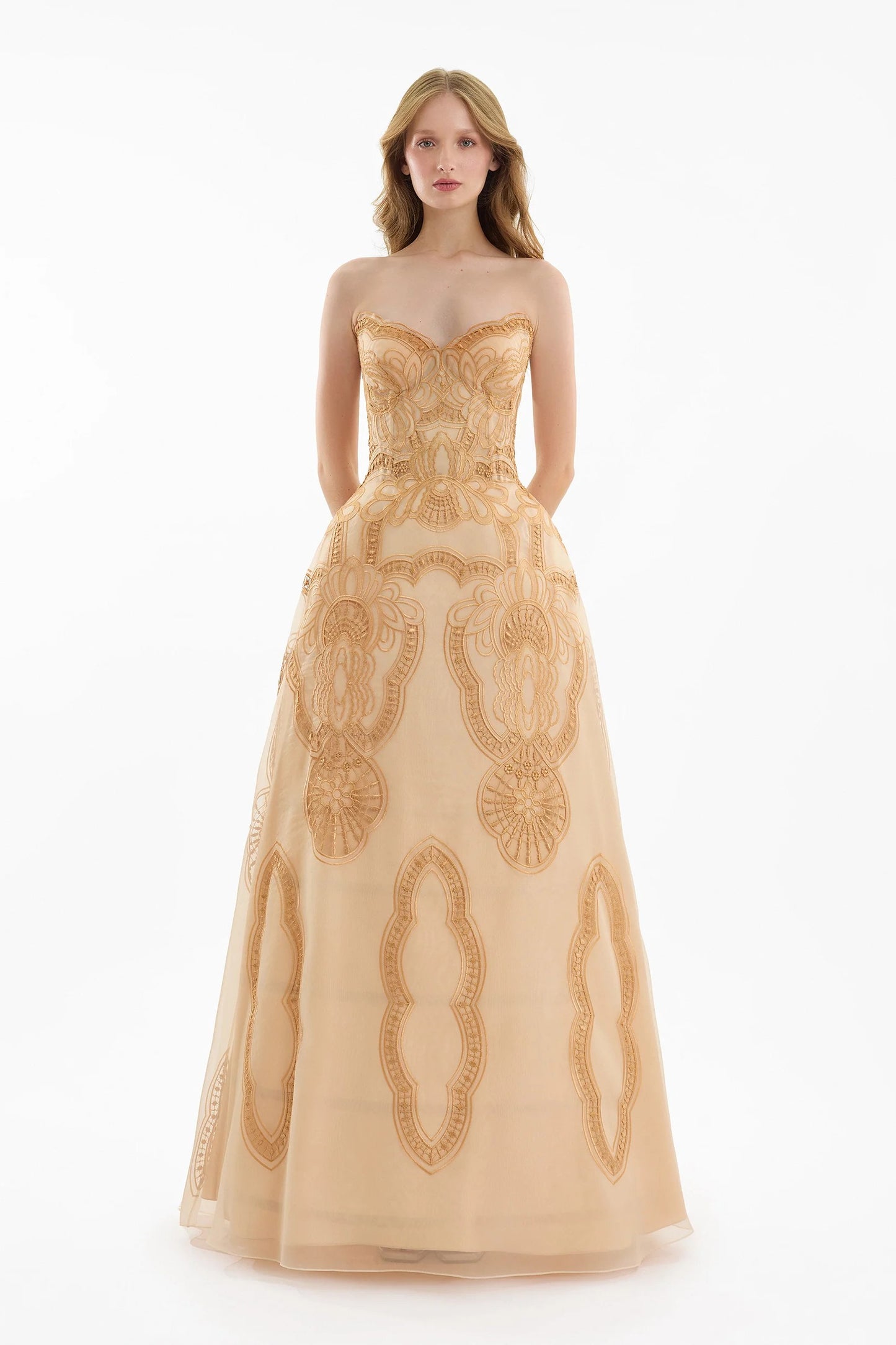 Strapless Embroidered Dress with Cage Skirt