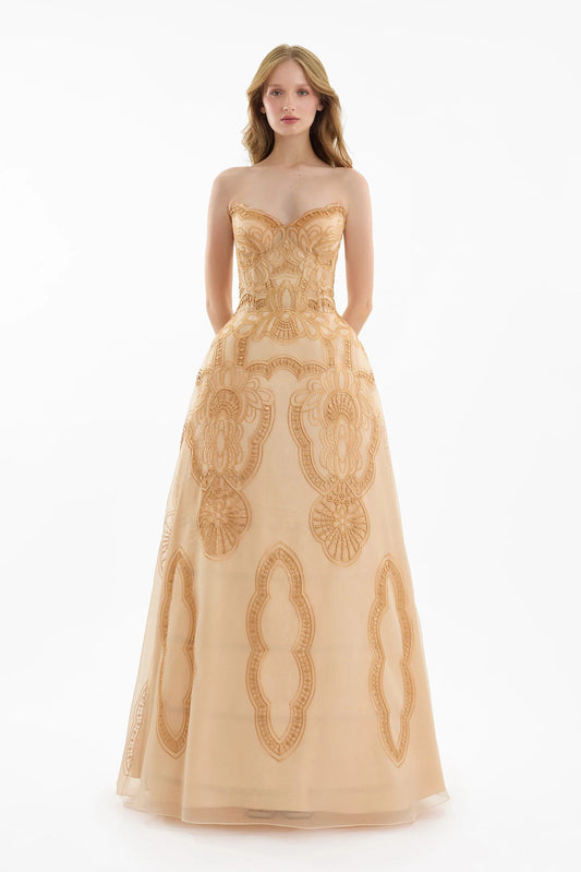 Strapless Embroidered Dress with Cage Skirt