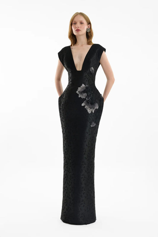Plunging Jacquard Dress