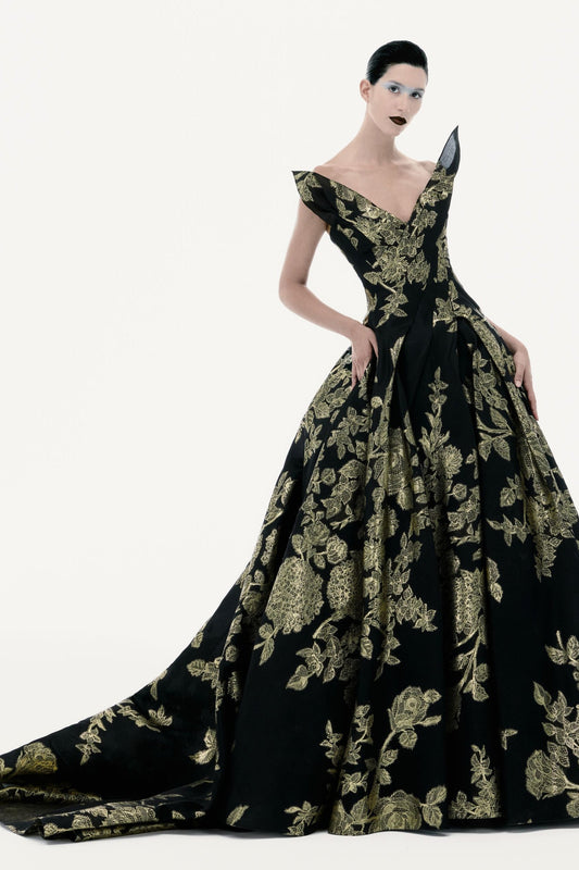 Floral Brocade Ball Dress - Black