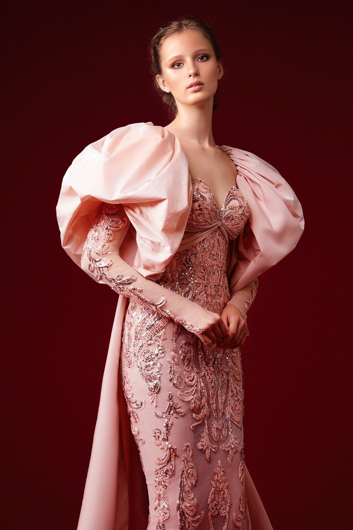 Beaded Puff-Sleeve Gown