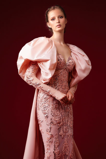 Beaded Puff-Sleeve Gown