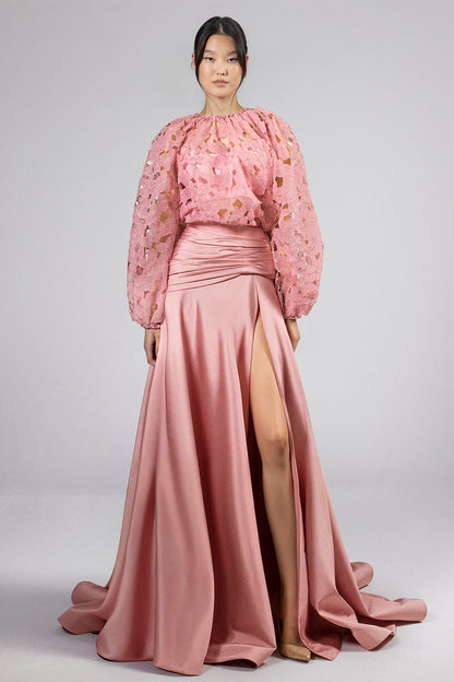 Balloon-Sleeve Floral Skirt Set