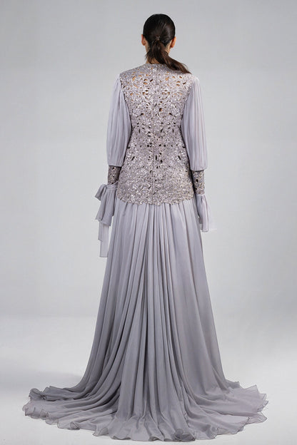 Plunging Bell-Sleeve Chiffon Gown