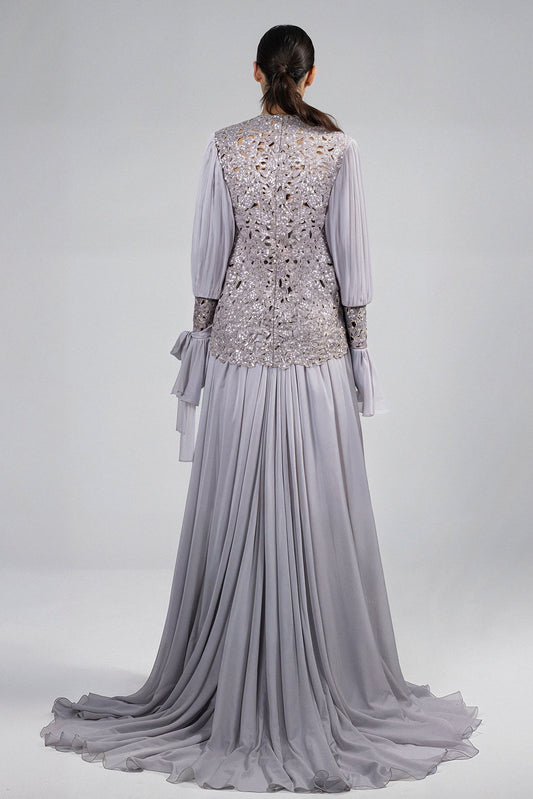 Plunging Bell-Sleeve Chiffon Gown