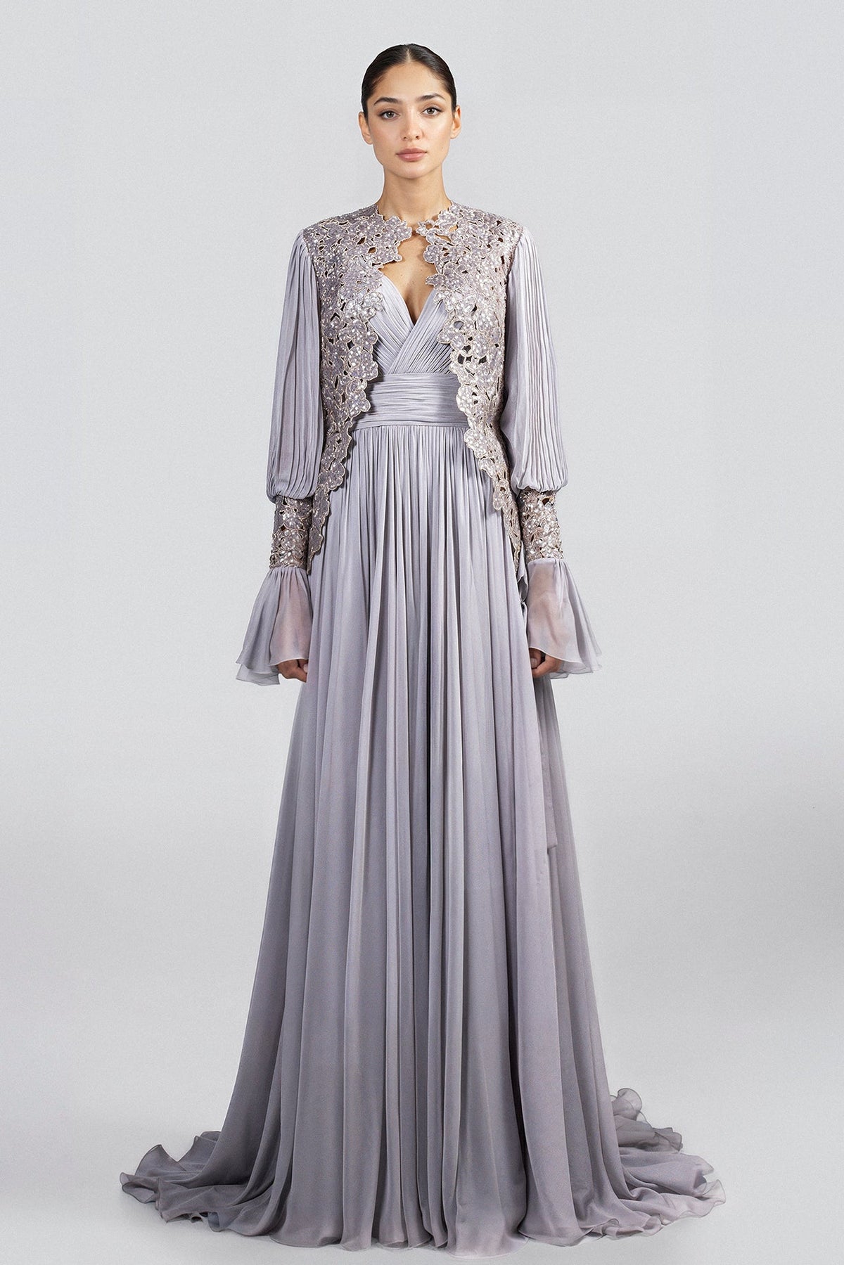 Plunging Bell-Sleeve Chiffon Gown