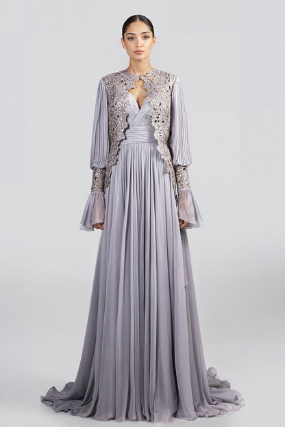 Plunging Bell-Sleeve Chiffon Gown