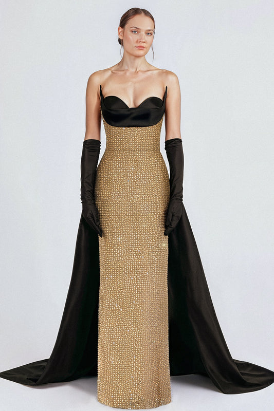 Strapless Crystal Cowl Gown