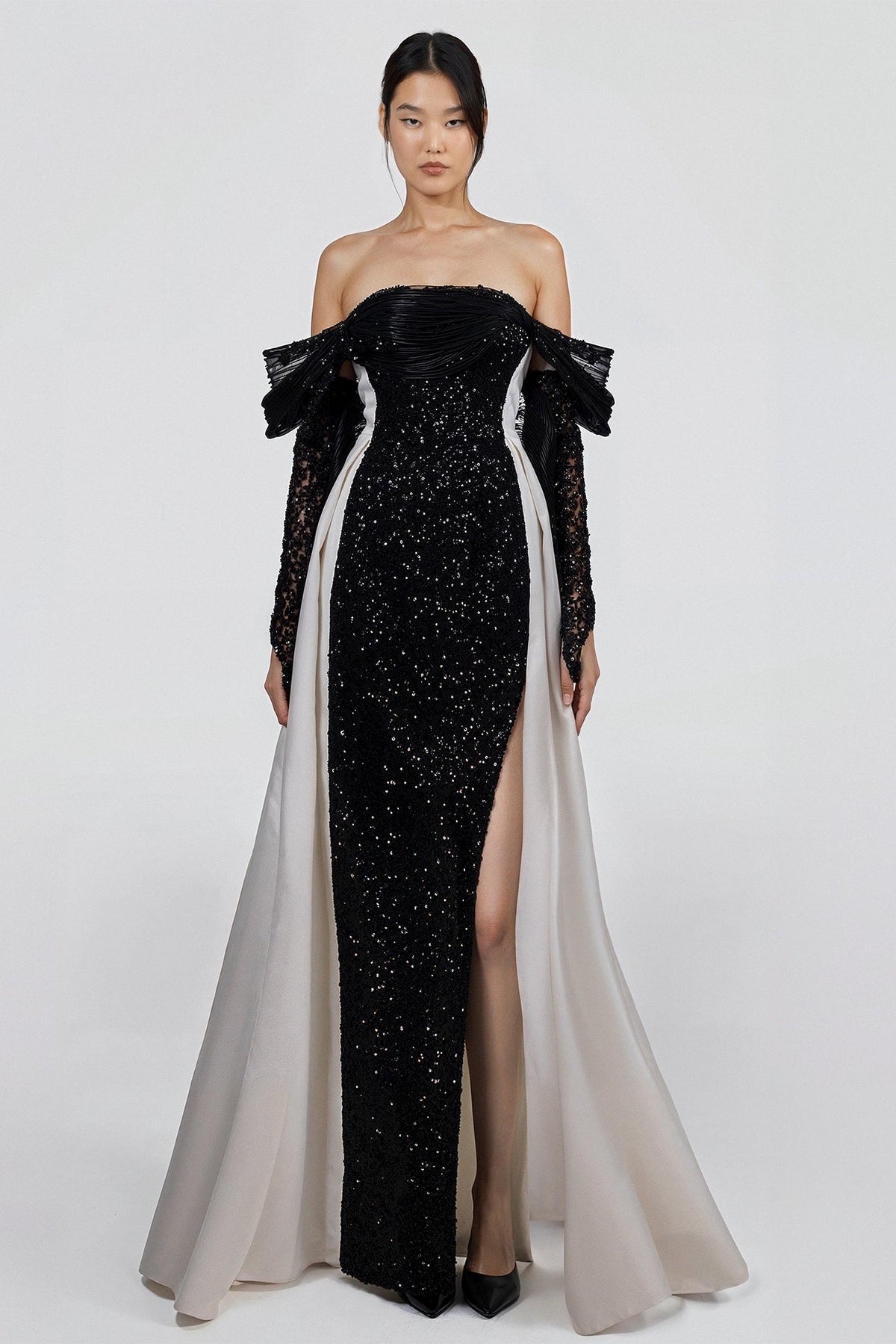 Off-Shoulder Sequin Overskirt Gown