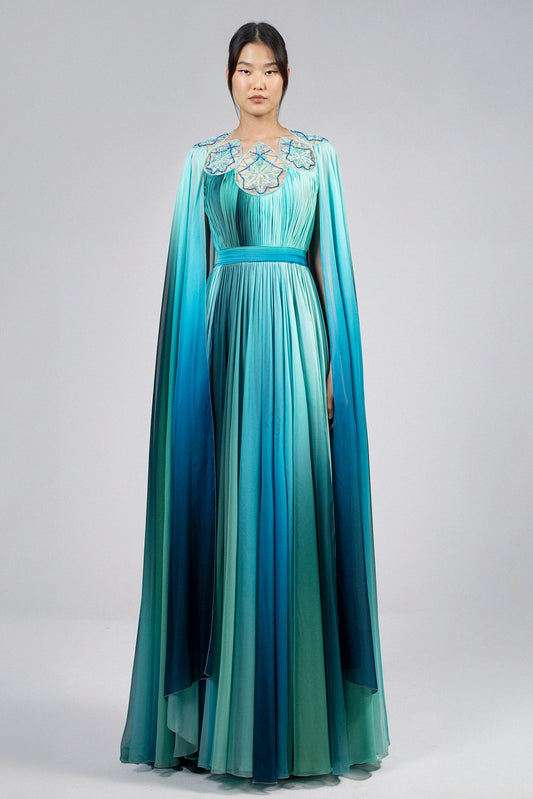 Embroidered Cape-Sleeve Chiffon Gown