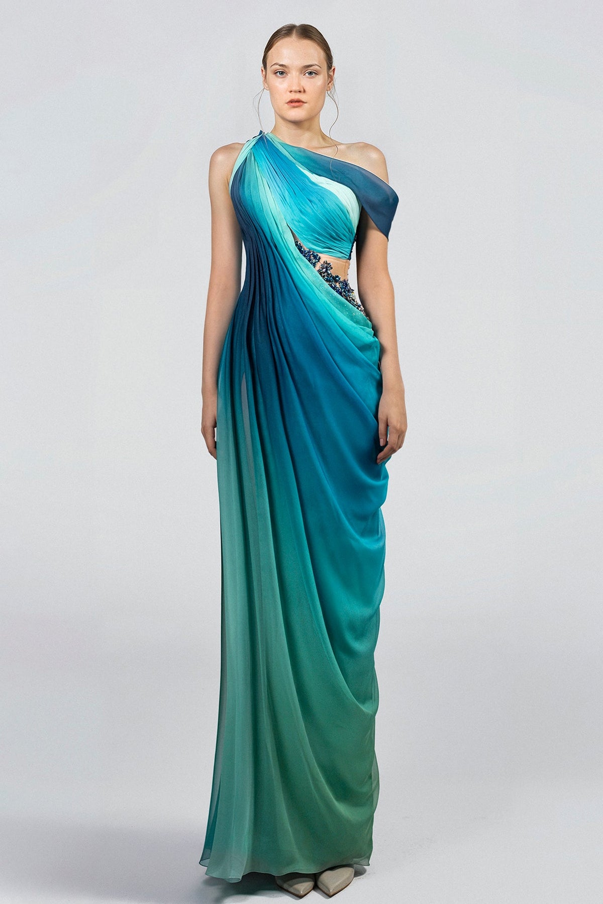 One-Shoulder Draped Chiffon Gown