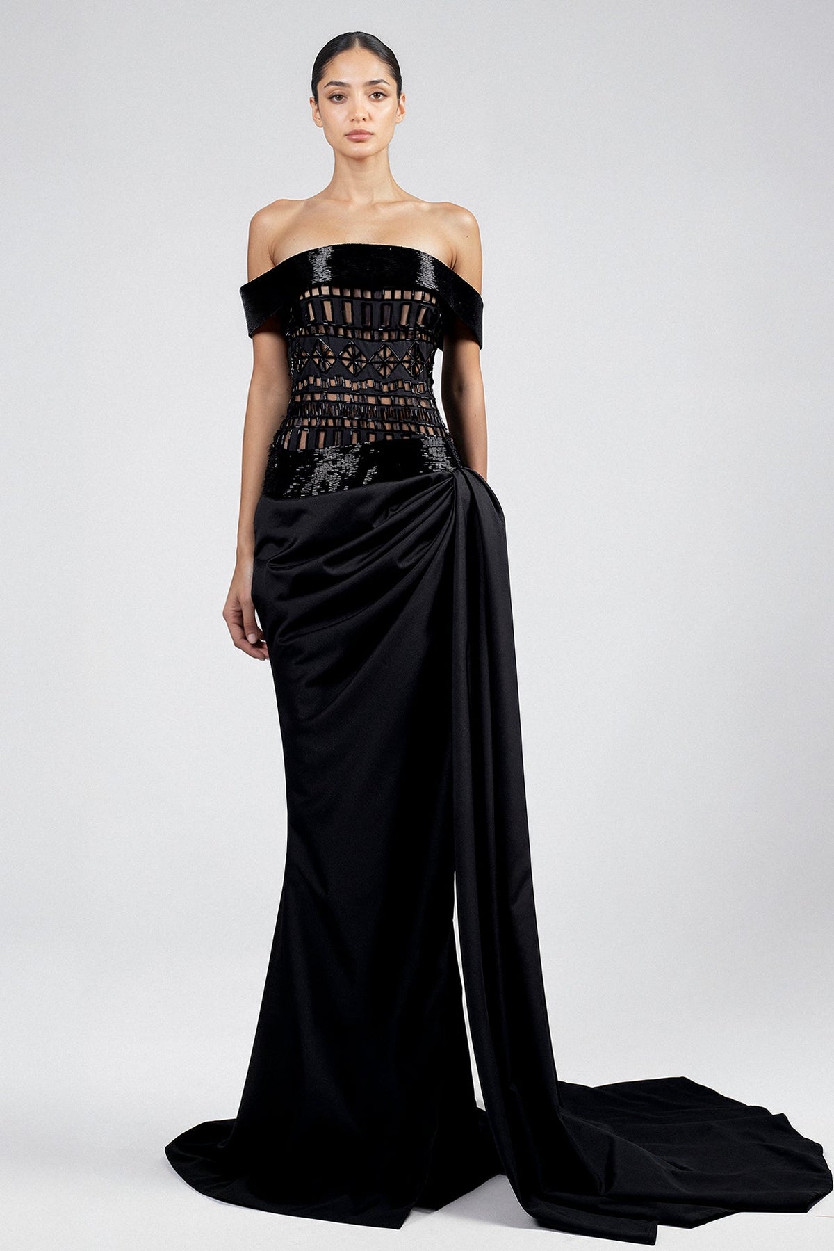 Off-Shoulder Geometric Bodice Gown