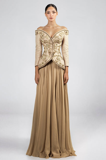 Embroidered Off-Shoulder Chiffon Gown