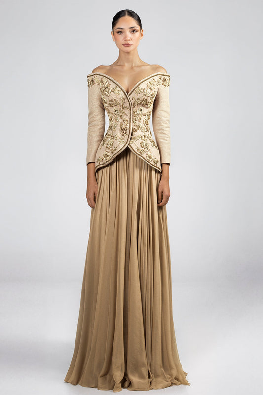 Embroidered Off-Shoulder Chiffon Gown