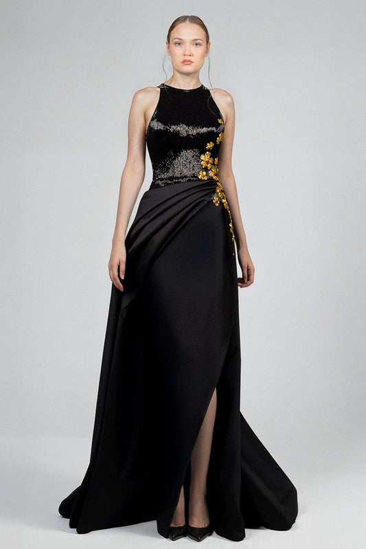 Open-Back Sequin Halter Gown