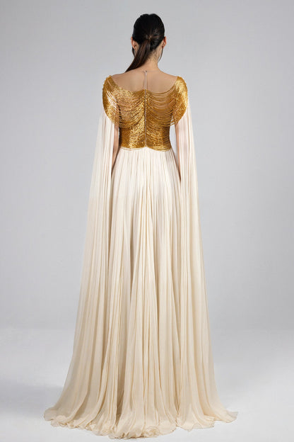 Beaded Bodice Cape-Sleeve Gown