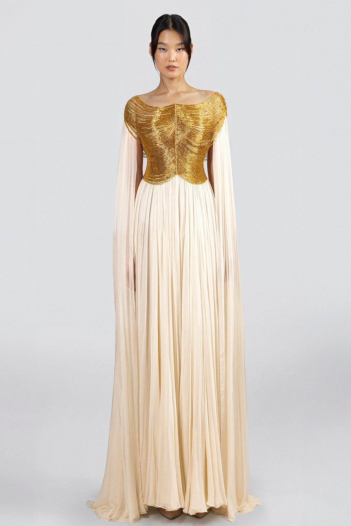 Beaded Bodice Cape-Sleeve Gown