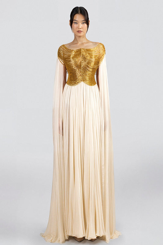 Beaded Bodice Cape-Sleeve Gown