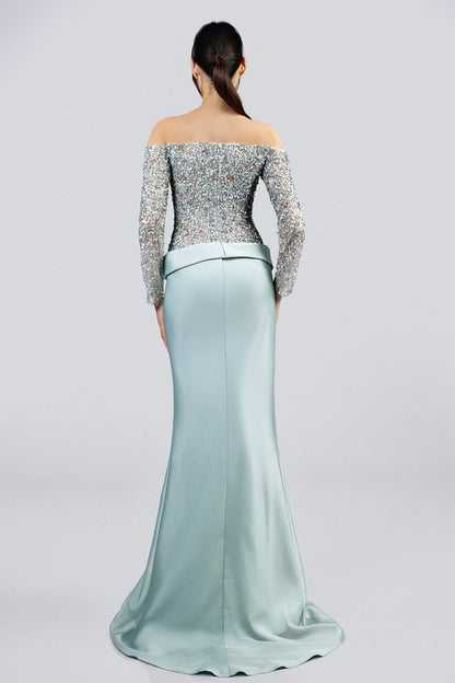 Off-Shoulder Sequin Wrap Gown