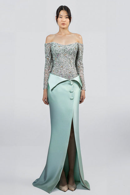 Off-Shoulder Sequin Wrap Gown