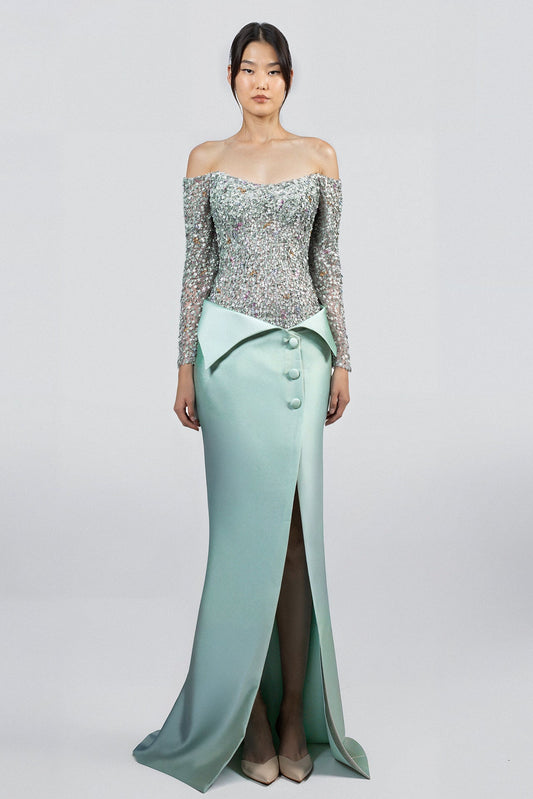 Off-Shoulder Sequin Wrap Gown