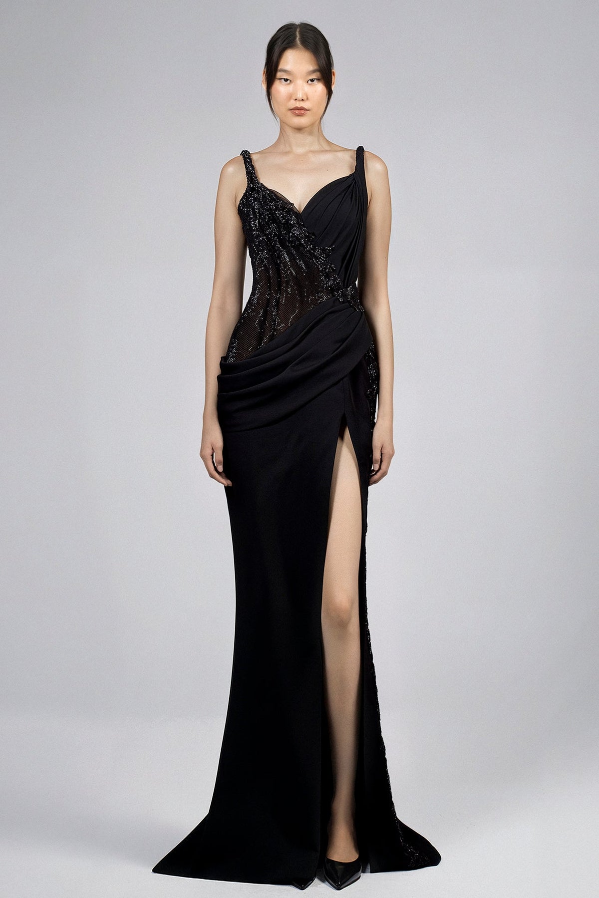 Draped Beaded Mesh Gown