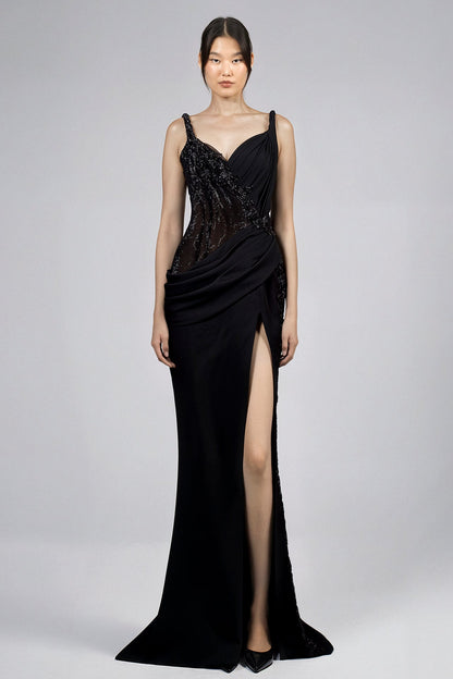 Draped Beaded-Mesh Gown