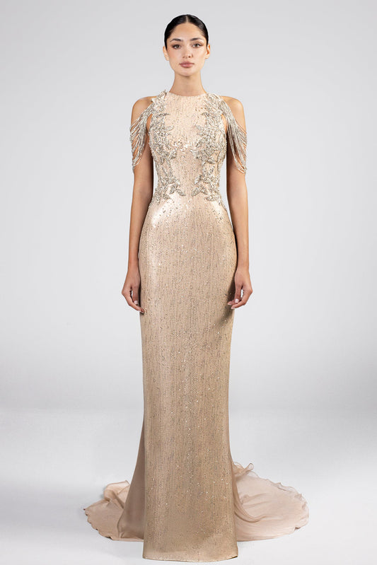 Beaded Cold-Shoulder Cape Gown