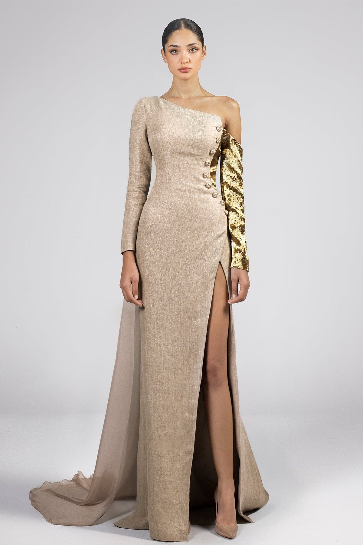 One-Shoulder Sequin-Sleeve Gown