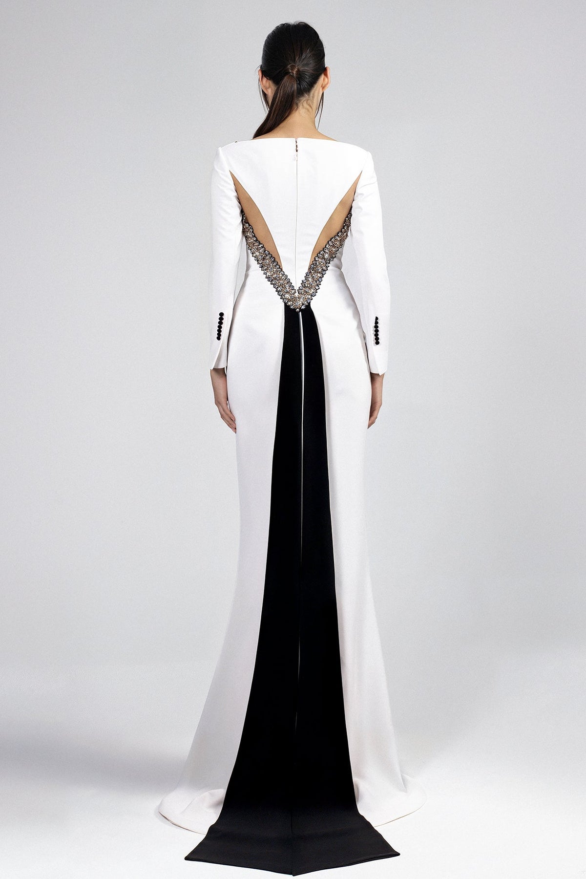 Tuxedo-Lapel Long-Sleeve Gown