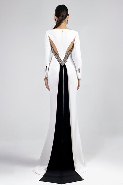 Tuxedo-Lapel Long-Sleeve Gown
