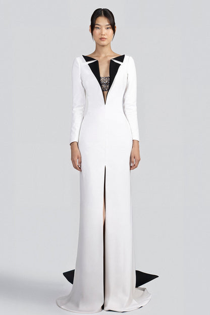 Plunging Tuxedo-Lapel Long-Sleeve Gown