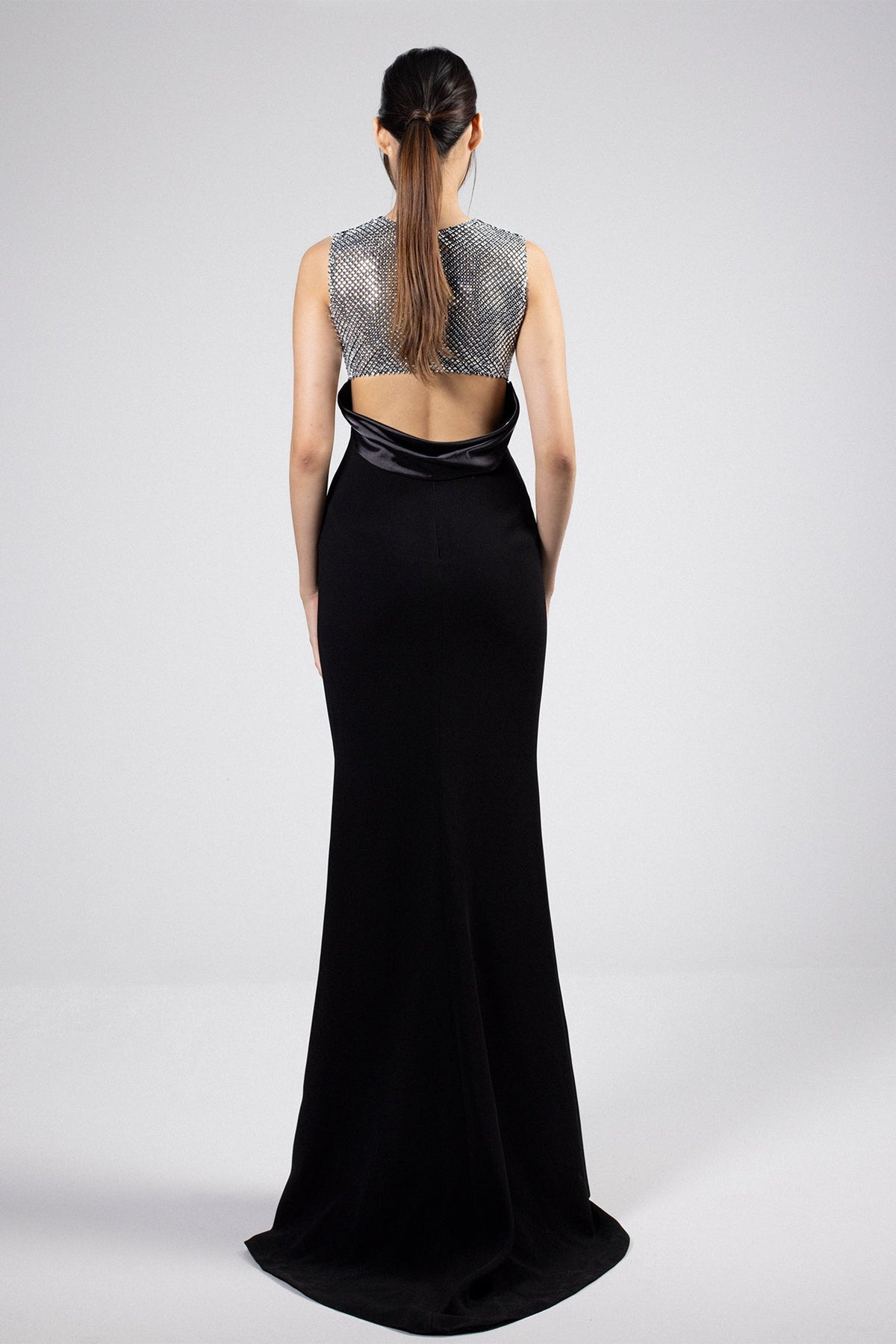Crystal-Strip Open-Back Gown
