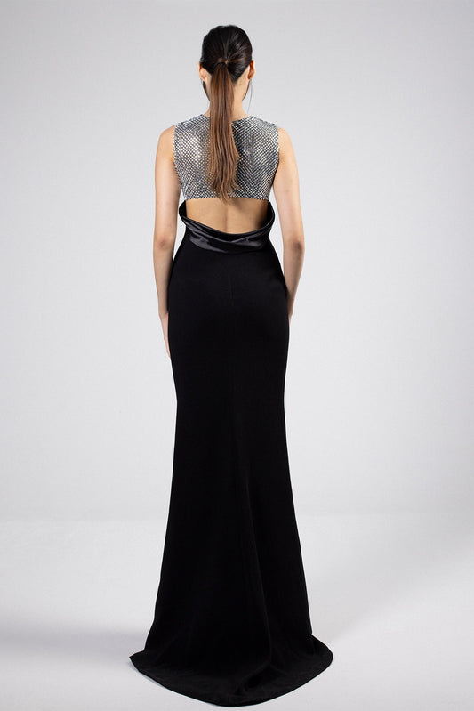 Crystal-Strip Open-Back Gown