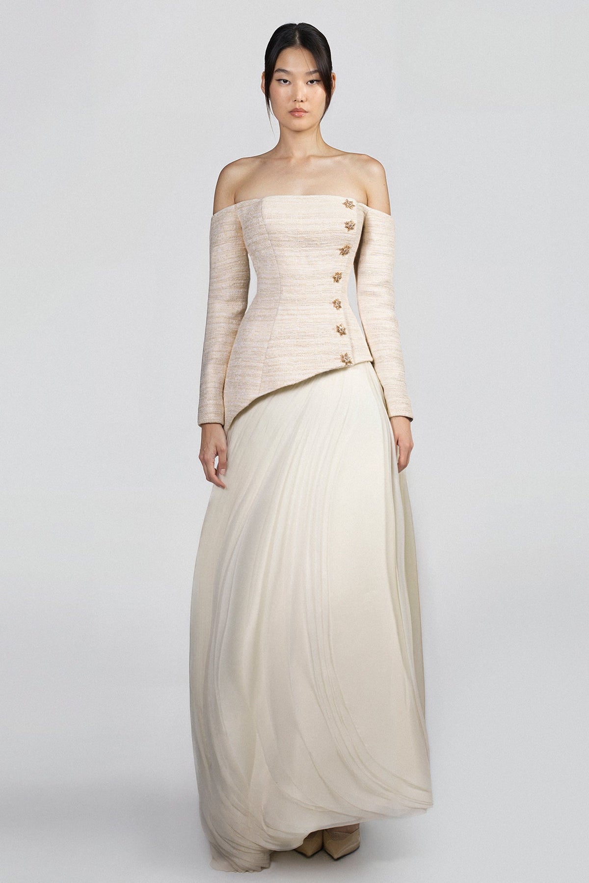 Off-Shoulder Tweed Draped Gown