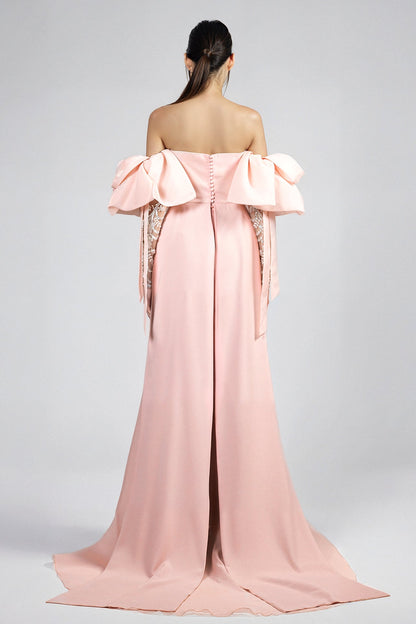 Off-Shoulder Organza Puff-Sleeve Gown