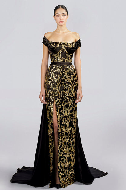 Off-Shoulder Sequin Slit Gown