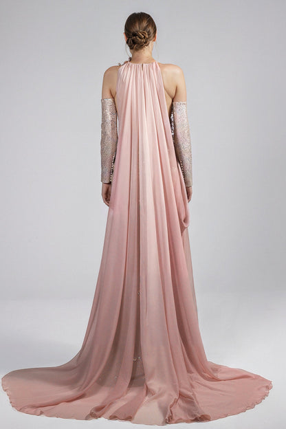 High-Neck Sequin Cape Gown
